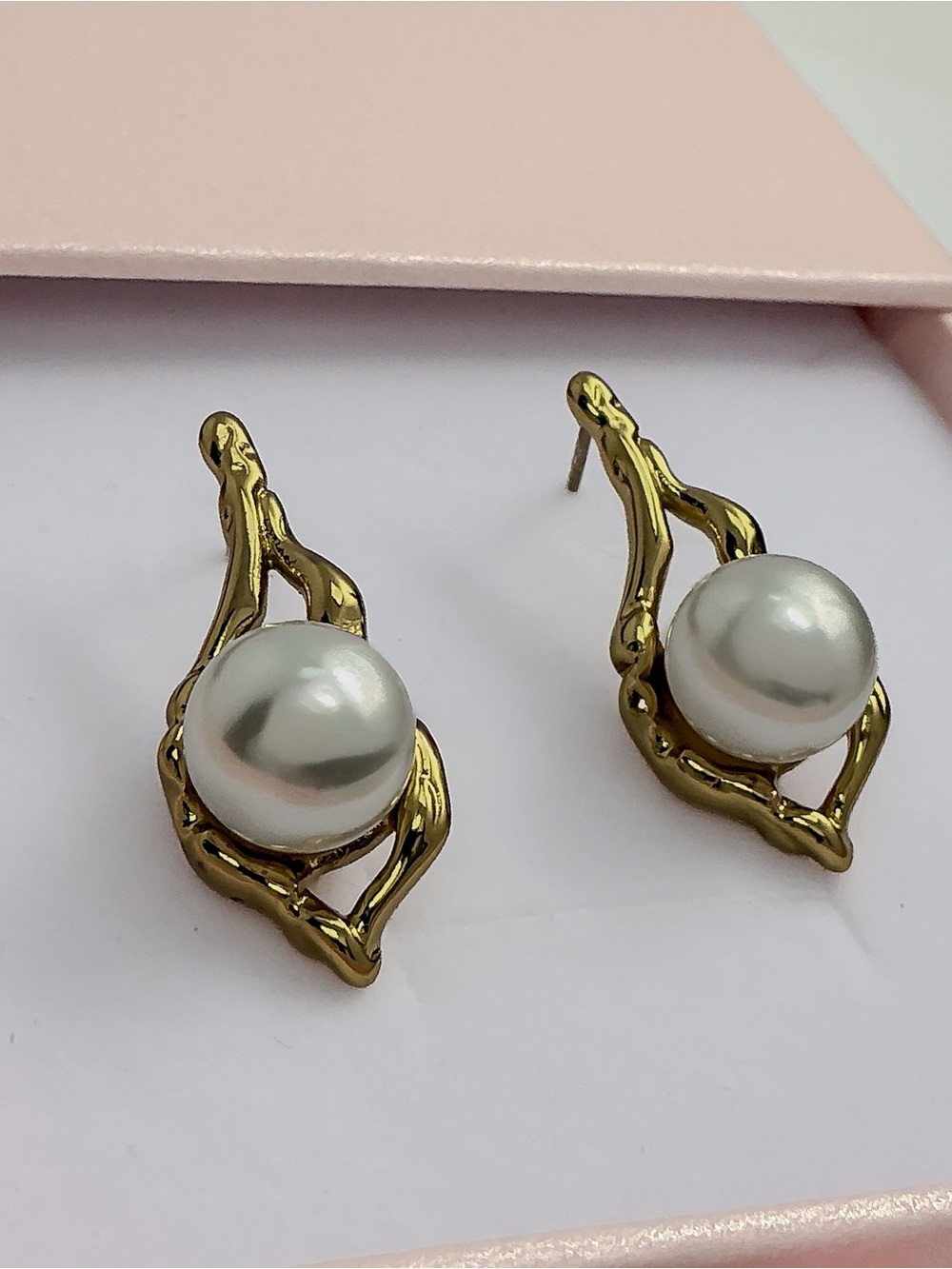 Gold Sculptural Pearl Art Deco Drop Earrings Hypoallergenic Stainless Steel